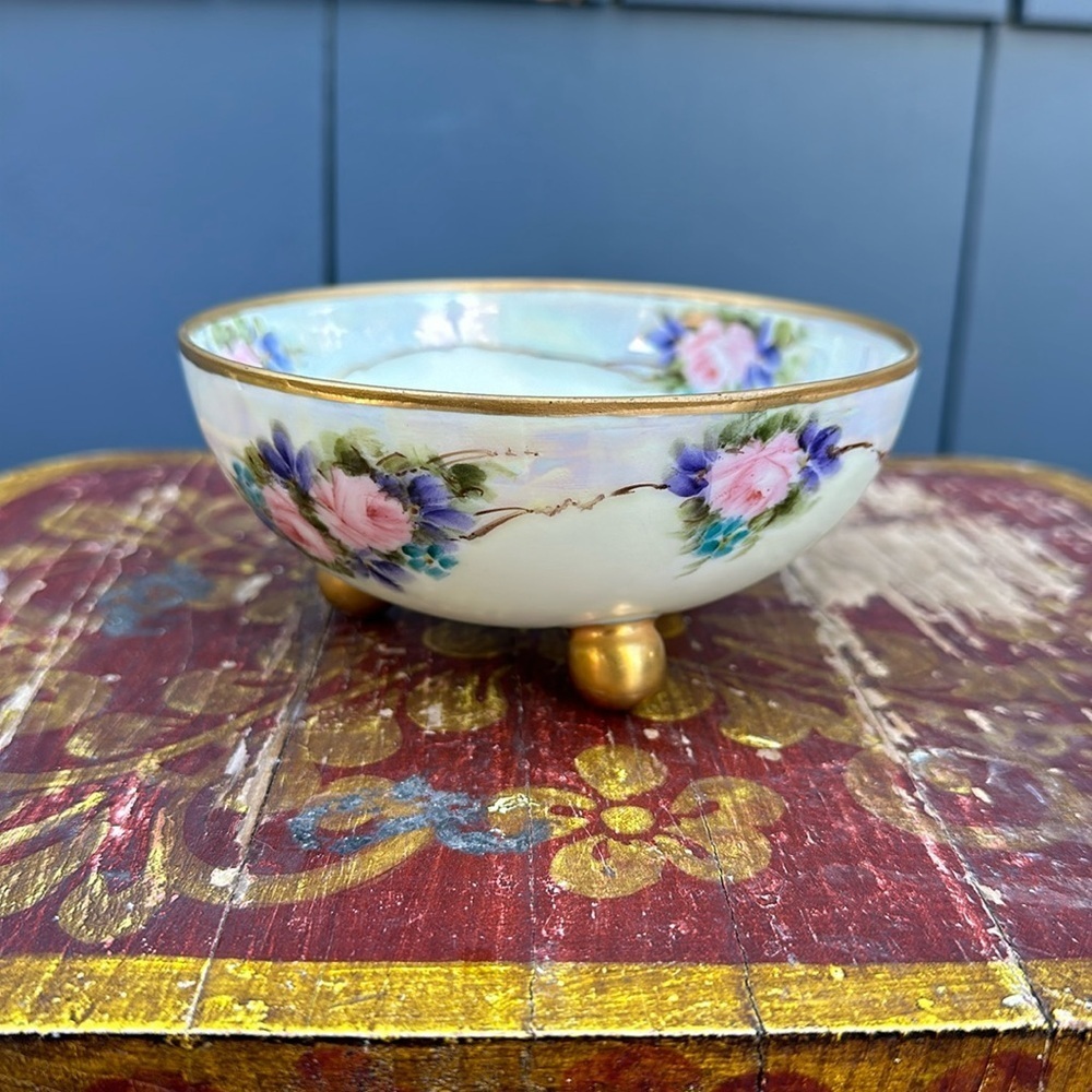 Vintage hand painted ceramic bowl trinket dish, gold trim